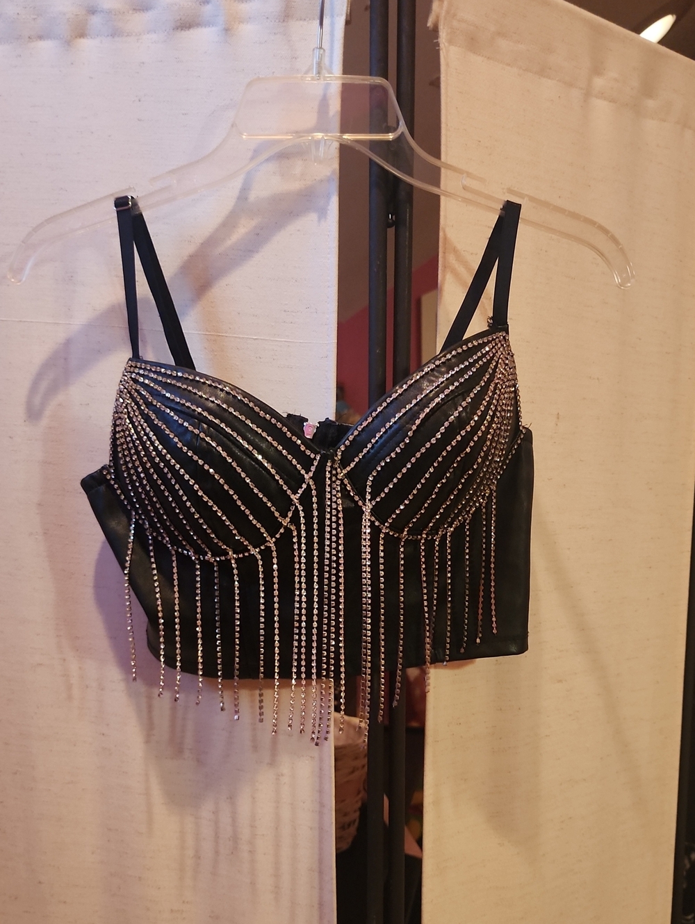 Black Rhinestone Fringe Crop Top